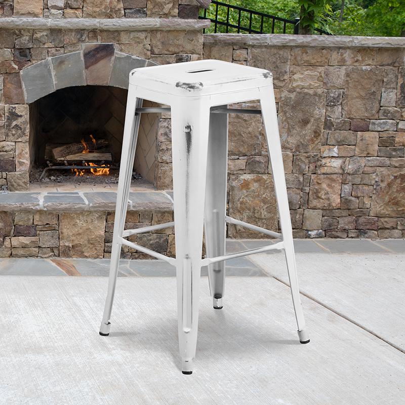 Commercial Grade 30" High Backless Distressed White Metal Indoor-Outdoor Barstool By Flash Furniture | Bar Stools | Modishstore - 2