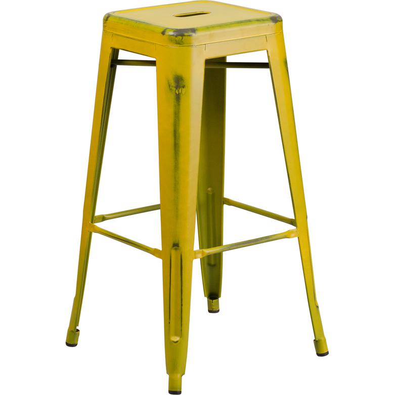 Commercial Grade 30" High Backless Distressed Yellow Metal Indoor-Outdoor Barstool By Flash Furniture | Bar Stools | Modishstore - 2