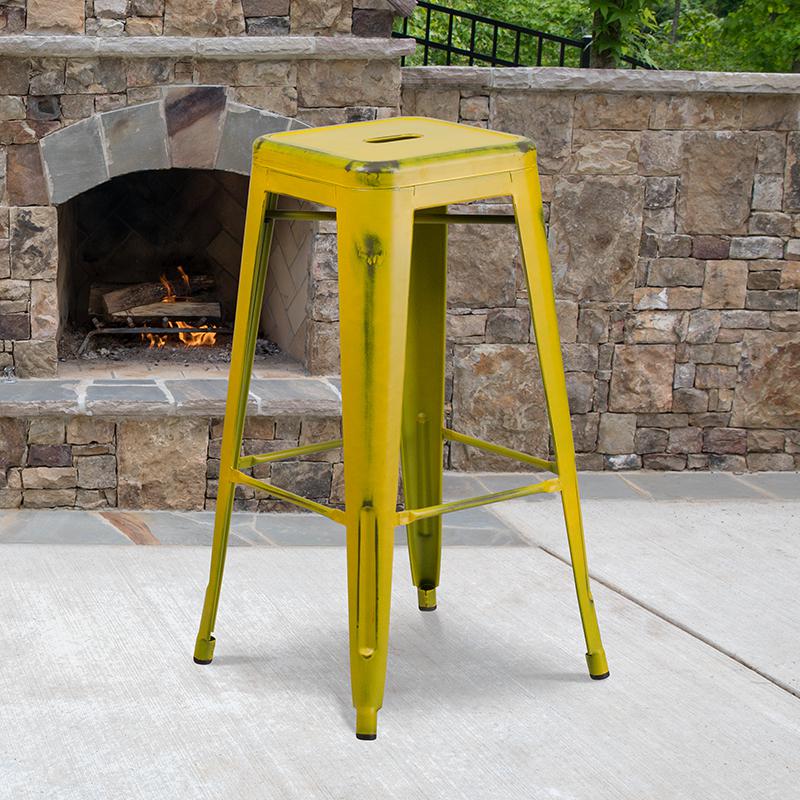 Commercial Grade 30" High Backless Distressed Yellow Metal Indoor-Outdoor Barstool By Flash Furniture | Bar Stools | Modishstore - 1