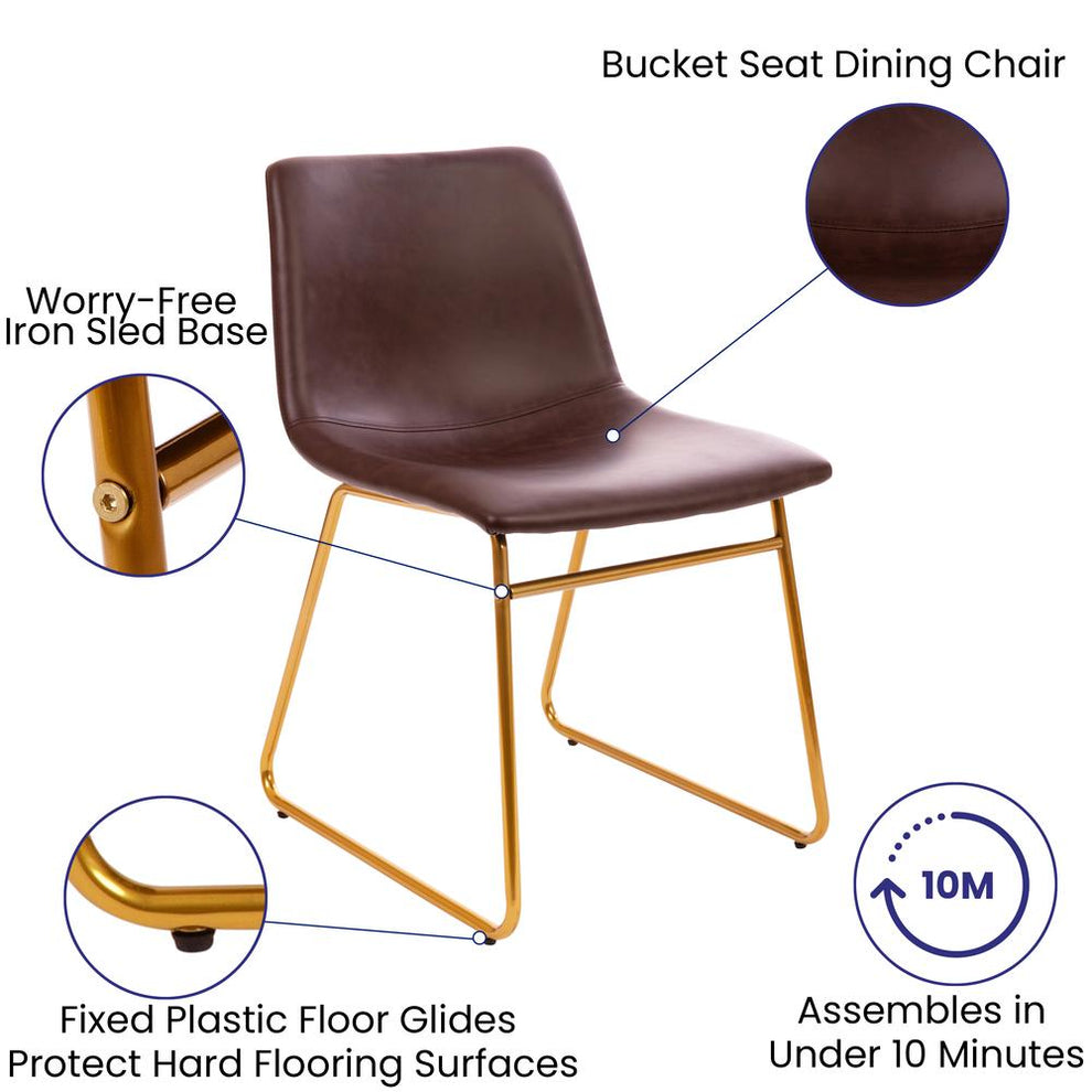 18 Inch Dining Table Height Chair, Mid-Back Sled Base Dining Chair In Dark Brown Leathersoft With Gold Frame, Set Of 2 By Flash Furniture | Dining Chairs | Modishstore - 4