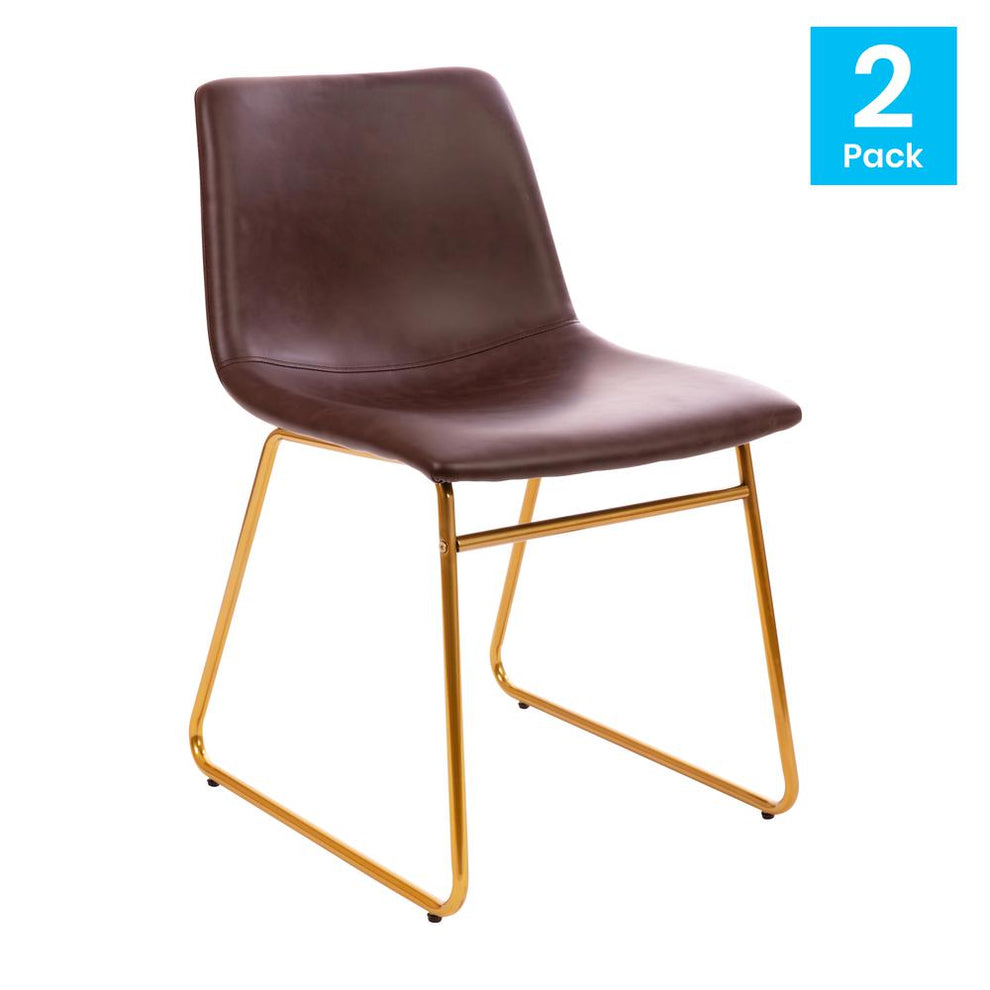 18 Inch Dining Table Height Chair, Mid-Back Sled Base Dining Chair In Dark Brown Leathersoft With Gold Frame, Set Of 2 By Flash Furniture | Dining Chairs | Modishstore - 2