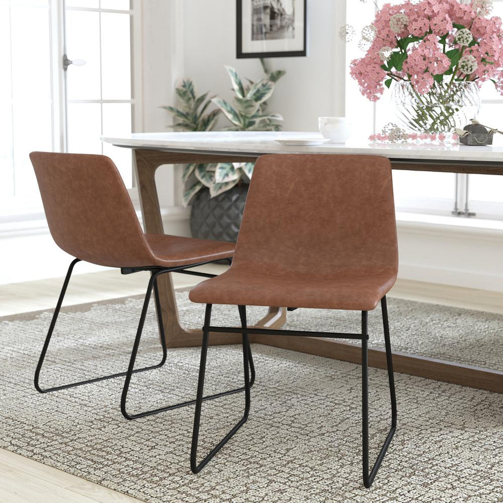 18 Inch Dining Table Height Chair, Mid-Back Sled Base Dining Chair In Light Brown Leathersoft With Black Frame, Set Of 2 By Flash Furniture | Dining Chairs | Modishstore - 2