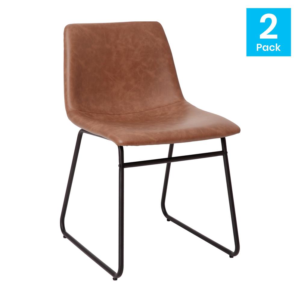 18 Inch Dining Table Height Chair, Mid-Back Sled Base Dining Chair In Light Brown Leathersoft With Black Frame, Set Of 2 By Flash Furniture | Dining Chairs | Modishstore - 1