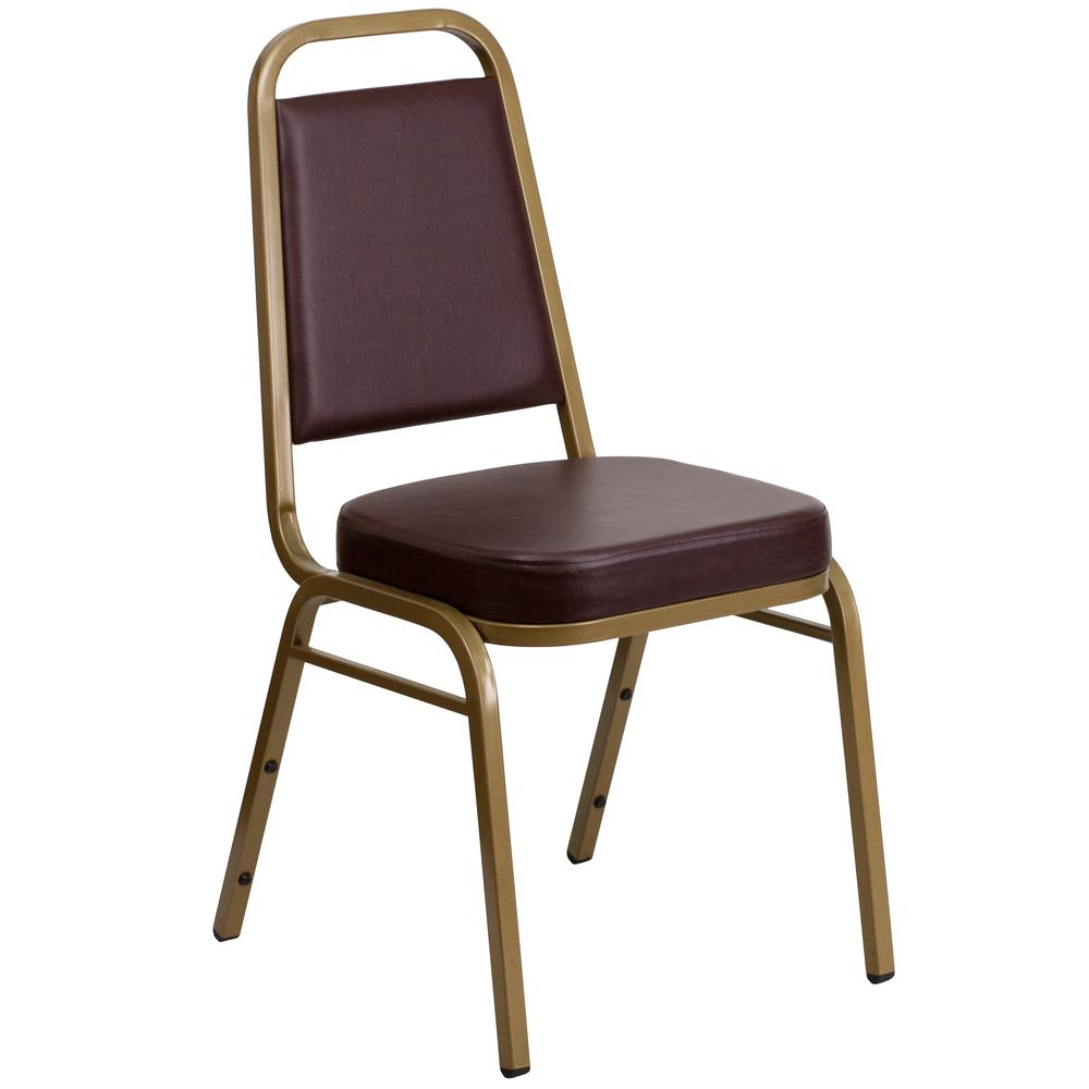 Hercules Series Trapezoidal Back Stacking Banquet Chair In Brown Vinyl - Gold Frame By Flash Furniture | Side Chairs | Modishstore - 1