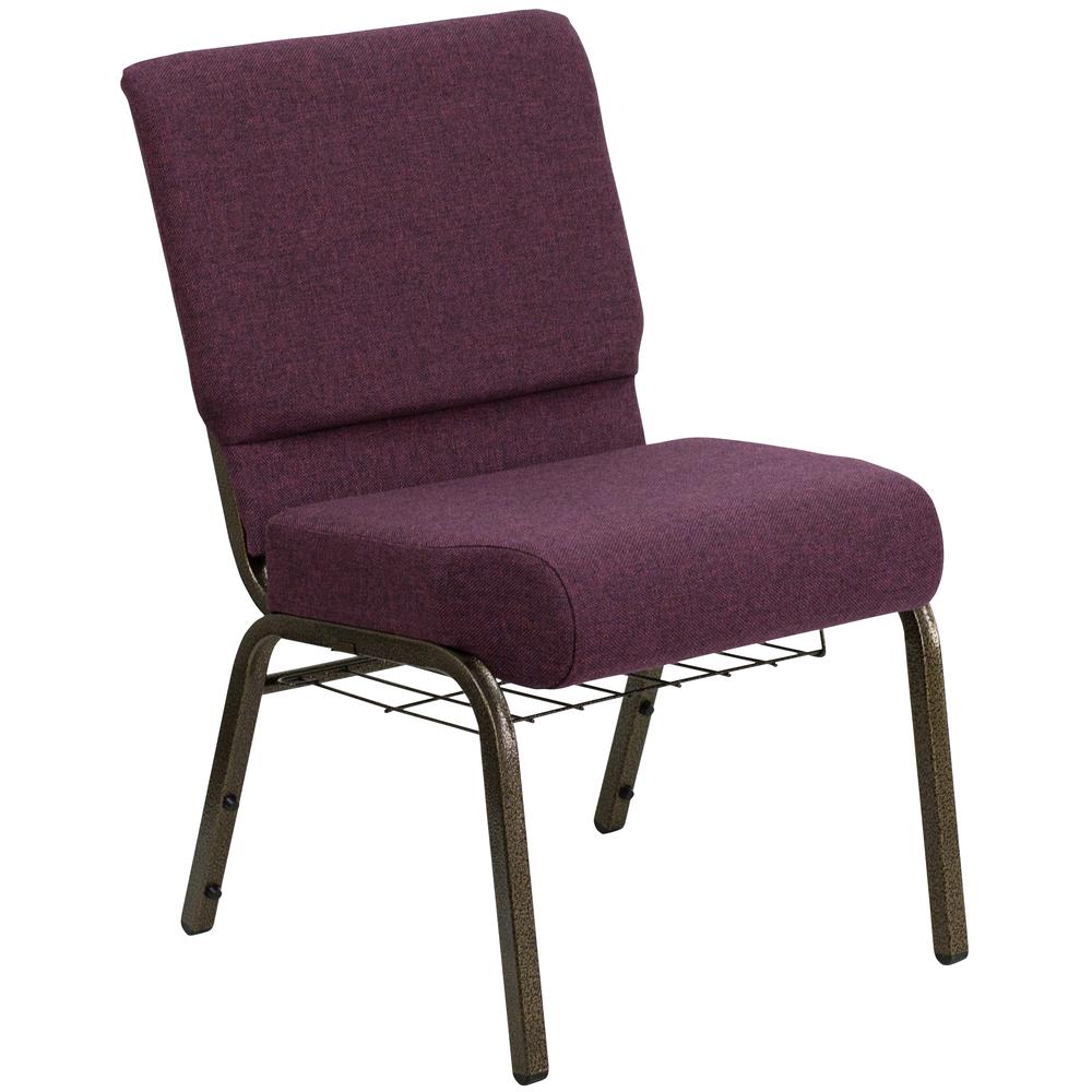 Hercules Series 21''W Church Chair In Plum Fabric With Cup Book Rack - Gold Vein Frame By Flash Furniture | Side Chairs | Modishstore