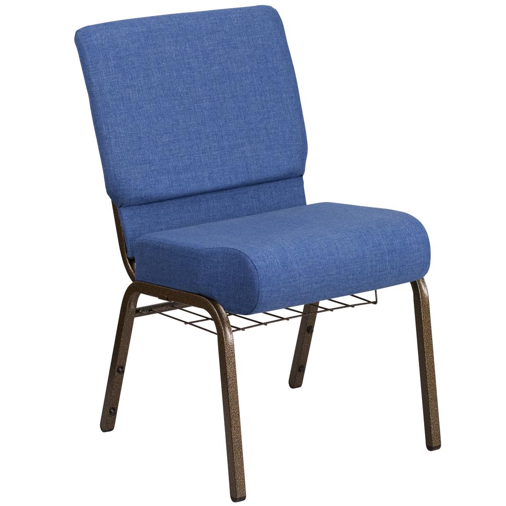 Hercules Series 21''W Church Chair In Blue Fabric With Cup Book Rack - Gold Vein Frame By Flash Furniture | Side Chairs | Modishstore