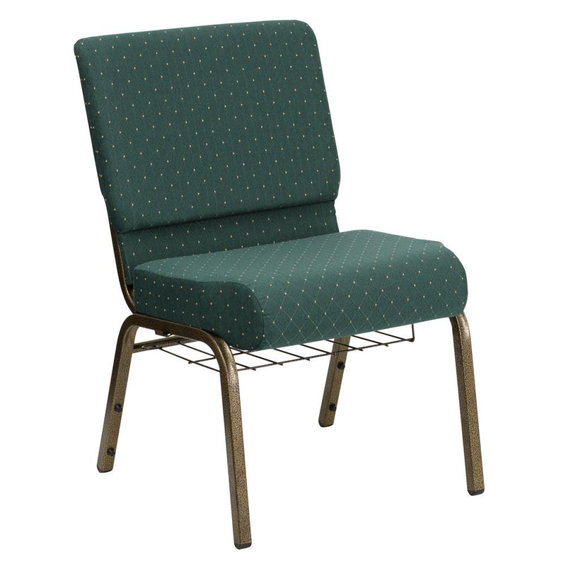 Hercules Series 21''W Church Chair In Hunter Green Dot Patterned Fabric With Book Rack - Gold Vein Frame By Flash Furniture | Side Chairs | Modishstore