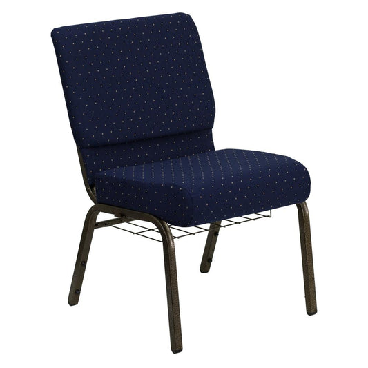 Hercules Series 21''W Church Chair In Navy Blue Dot Patterned Fabric With Book Rack - Gold Vein Frame By Flash Furniture | Side Chairs | Modishstore