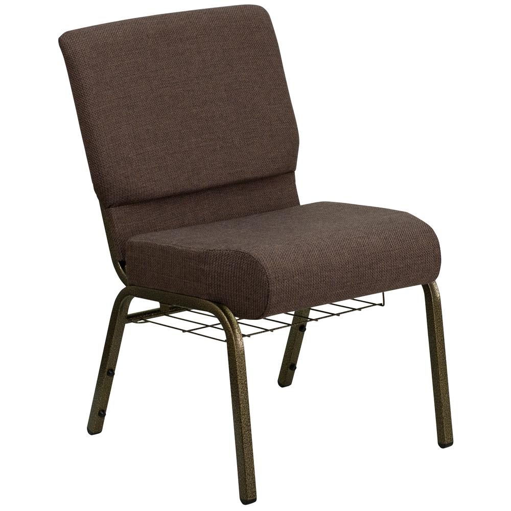 Hercules Series 21''W Church Chair In Brown Fabric With Cup Book Rack - Gold Vein Frame By Flash Furniture | Side Chairs | Modishstore - 1