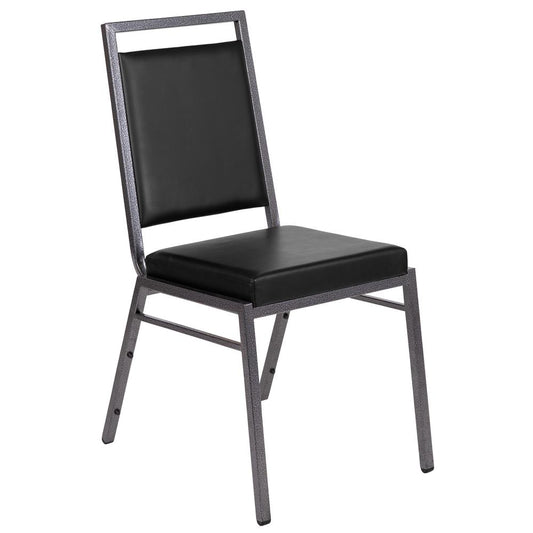 Hercules Series Square Back Stacking Banquet Chair In Black Vinyl With Silvervein Frame By Flash Furniture | Dining Chairs | Modishstore