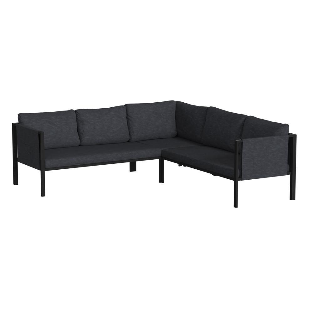Indoor/Outdoor Sectional With Cushions - Modern Steel Framed Chair With Dual Storage Pockets, Black With Charcoal Cushions By Flash Furniture | Sofa Set | Modishstore - 1