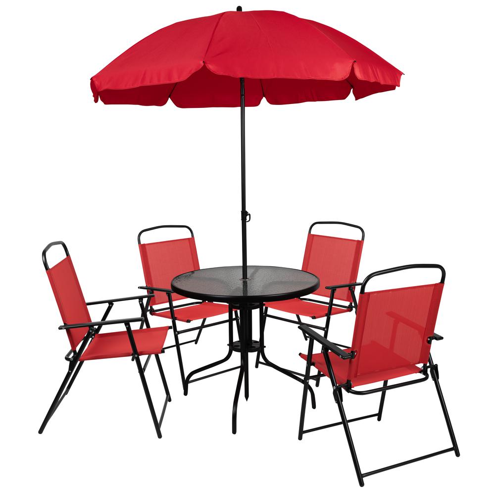 Nantucket 6 Piece Red Patio Garden Set With Umbrella Table And Set Of 4 Folding Chairs By Flash Furniture | Outdoor Dining Sets | Modishstore - 2