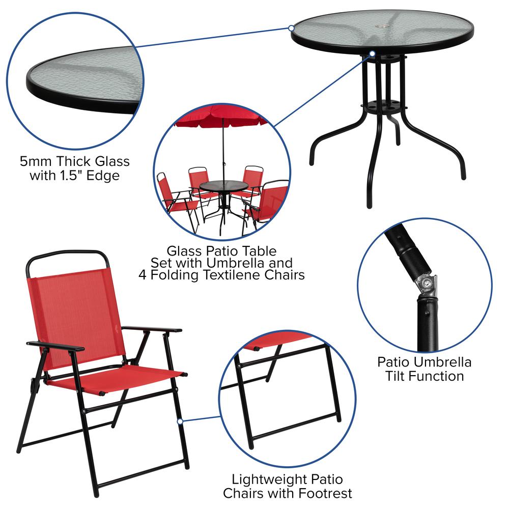 Nantucket 6 Piece Red Patio Garden Set With Umbrella Table And Set Of 4 Folding Chairs By Flash Furniture | Outdoor Dining Sets | Modishstore - 4