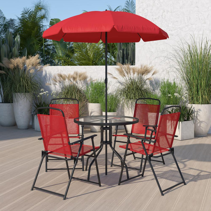 6 piece folding patio dining set with umbrella Nantucket 6 Piece Red Patio Garden Set With Umbrella Table And Set Of 4 Folding Chairs By Flash Furniture