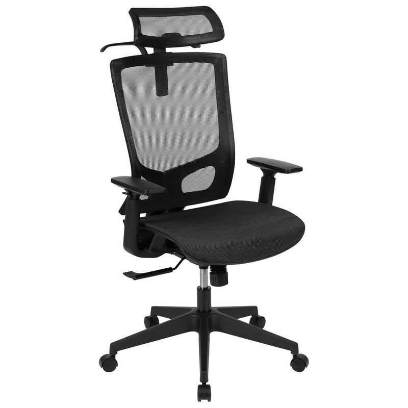 Ergonomic Mesh Office Chair With Synchro-Tilt, Pivot Adjustable Headrest, Lumbar Support, Coat Hanger And Adjustable Arms In Black By Flash Furniture | Office Chairs | Modishstore