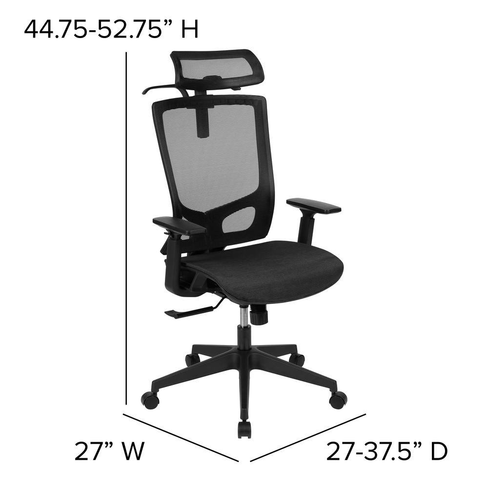 Ergonomic Mesh Office Chair With Synchro-Tilt, Pivot Adjustable Headrest, Lumbar Support, Coat Hanger And Adjustable Arms In Black By Flash Furniture | Office Chairs | Modishstore - 2