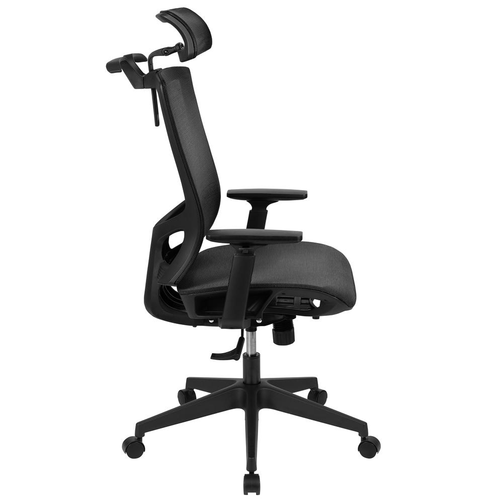 Ergonomic Mesh Office Chair With Synchro-Tilt, Pivot Adjustable Headrest, Lumbar Support, Coat Hanger And Adjustable Arms In Black By Flash Furniture | Office Chairs | Modishstore - 3
