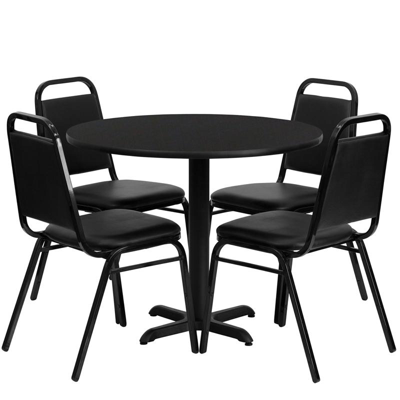 36'' Round Black Laminate Table Set With X-Base And 4 Black Trapezoidal Back Banquet Chairs By Flash Furniture | Dining Sets | Modishstore - 2
