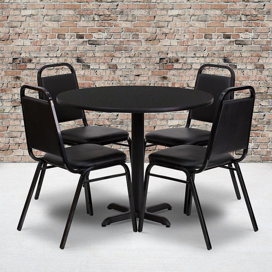 36'' Round Black Laminate Table Set With X-Base And 4 Black Trapezoidal Back Banquet Chairs By Flash Furniture | Dining Sets | Modishstore