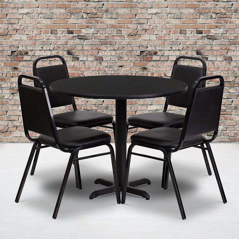 36'' Round Black Laminate Table Set With X-Base And 4 Black Trapezoidal Back Banquet Chairs By Flash Furniture | Dining Sets | Modishstore - 1
