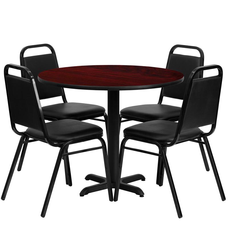 36'' Round Mahogany Laminate Table Set With X-Base And 4 Black Trapezoidal Back Banquet Chairs By Flash Furniture | Dining Sets | Modishstore - 2
