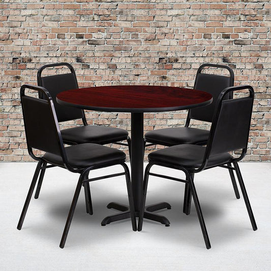 36'' Round Mahogany Laminate Table Set With X-Base And 4 Black Trapezoidal Back Banquet Chairs By Flash Furniture | Dining Sets | Modishstore