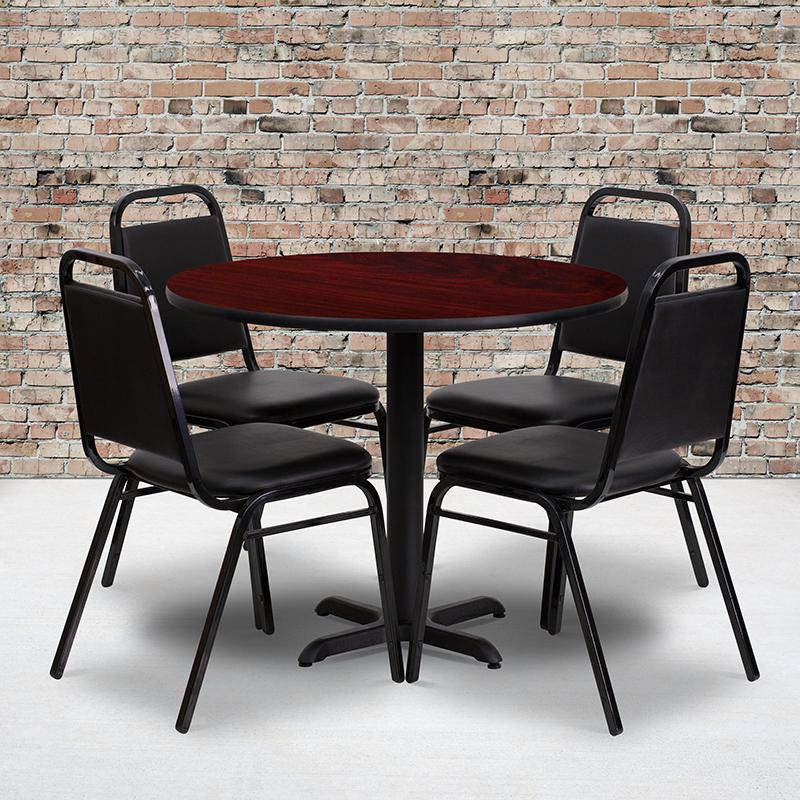 36'' Round Mahogany Laminate Table Set With X-Base And 4 Black Trapezoidal Back Banquet Chairs By Flash Furniture | Dining Sets | Modishstore - 1