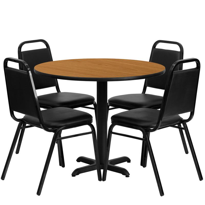 36'' Round Natural Laminate Table Set With X-Base And 4 Black Trapezoidal Back Banquet Chairs By Flash Furniture | Dining Sets | Modishstore - 2