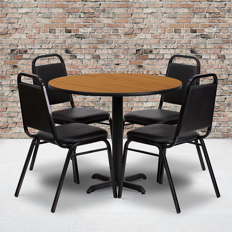 36'' Round Natural Laminate Table Set With X-Base And 4 Black Trapezoidal Back Banquet Chairs By Flash Furniture | Dining Sets | Modishstore - 1