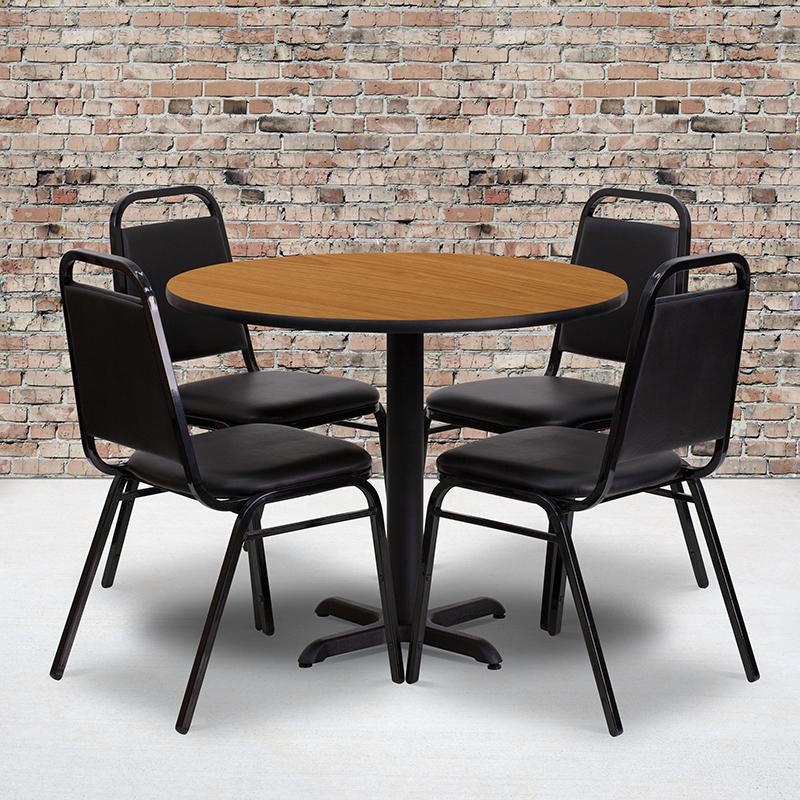 36'' Round Natural Laminate Table Set With X-Base And 4 Black Trapezoidal Back Banquet Chairs By Flash Furniture | Dining Sets | Modishstore