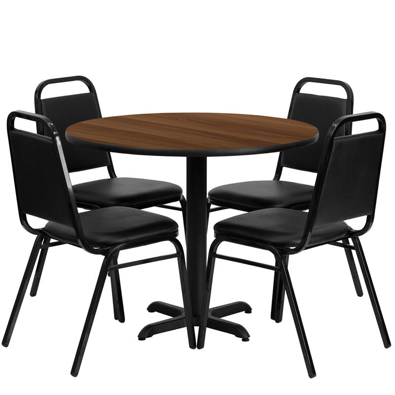 36'' Round Walnut Laminate Table Set With X-Base And 4 Black Trapezoidal Back Banquet Chairs By Flash Furniture | Dining Sets | Modishstore - 2