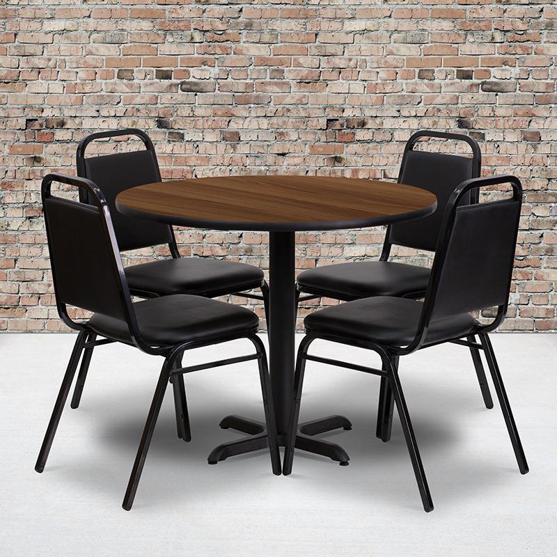 36'' Round Walnut Laminate Table Set With X-Base And 4 Black Trapezoidal Back Banquet Chairs By Flash Furniture | Dining Sets | Modishstore