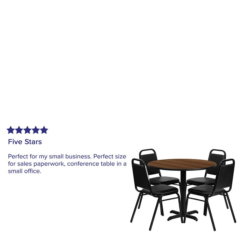 36'' Round Walnut Laminate Table Set With X-Base And 4 Black Trapezoidal Back Banquet Chairs By Flash Furniture | Dining Sets | Modishstore - 4