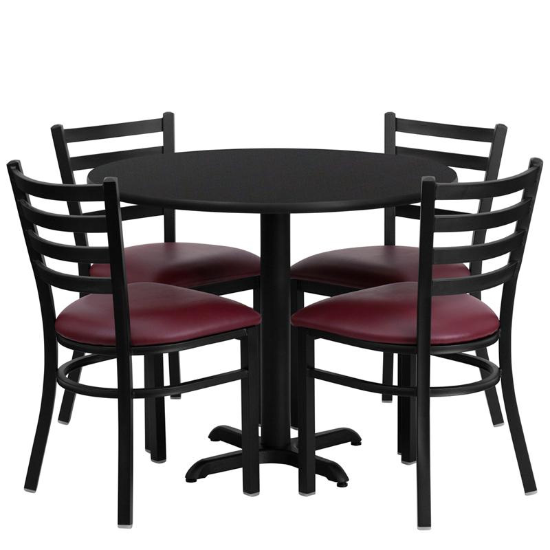 36'' Round Black Laminate Table Set With X-Base And 4 Ladder Back Metal Chairs - Burgundy Vinyl Seat By Flash Furniture | Dining Sets | Modishstore - 2