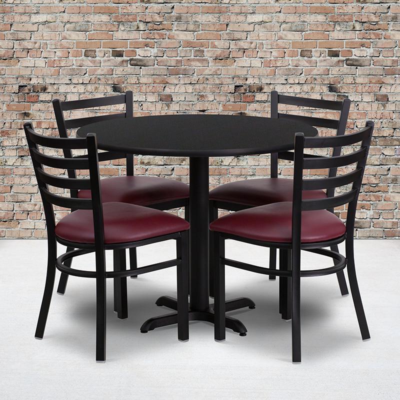 36'' Round Black Laminate Table Set With X-Base And 4 Ladder Back Metal Chairs - Burgundy Vinyl Seat By Flash Furniture | Dining Sets | Modishstore - 1