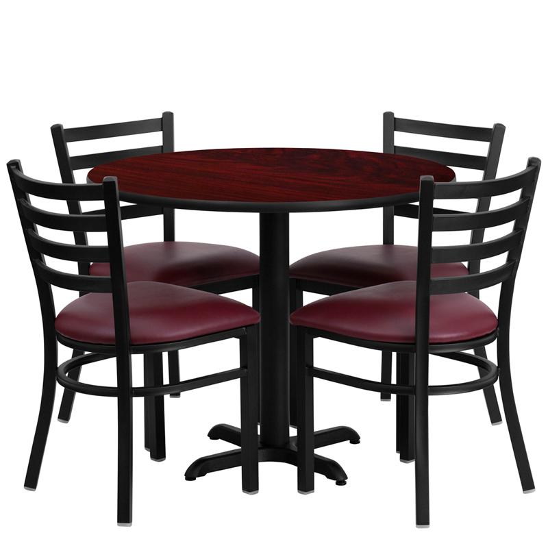 36'' Round Mahogany Laminate Table Set With X-Base And 4 Ladder Back Metal Chairs - Burgundy Vinyl Seat By Flash Furniture | Dining Sets | Modishstore - 2