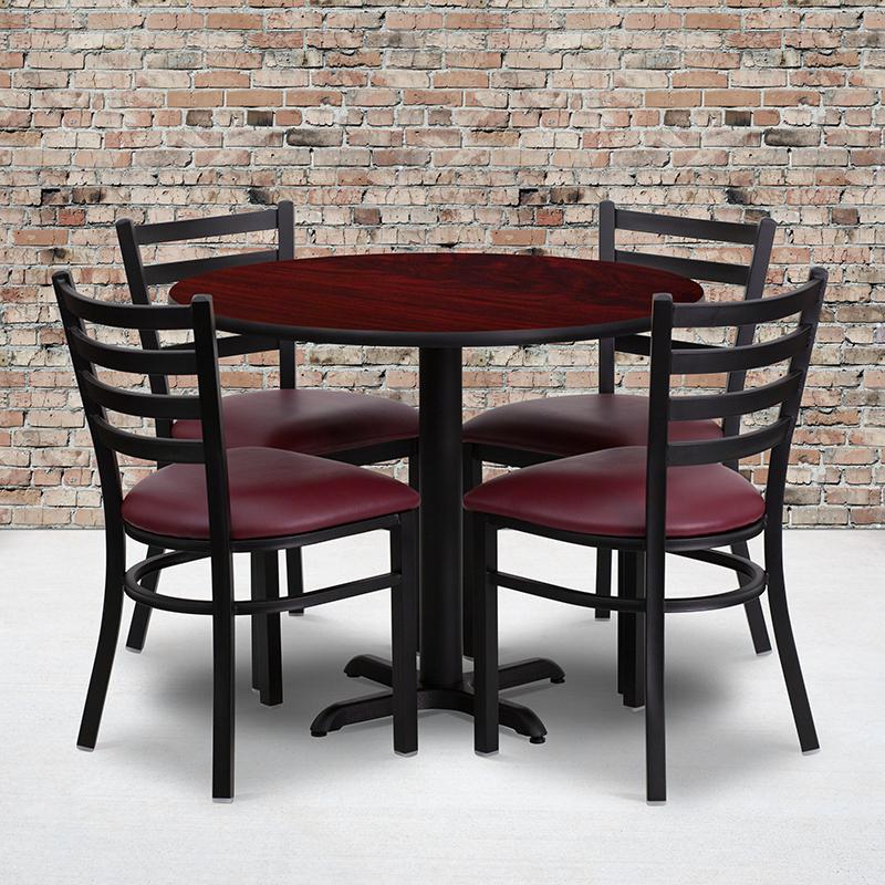 36'' Round Mahogany Laminate Table Set With X-Base And 4 Ladder Back Metal Chairs - Burgundy Vinyl Seat By Flash Furniture | Dining Sets | Modishstore - 1