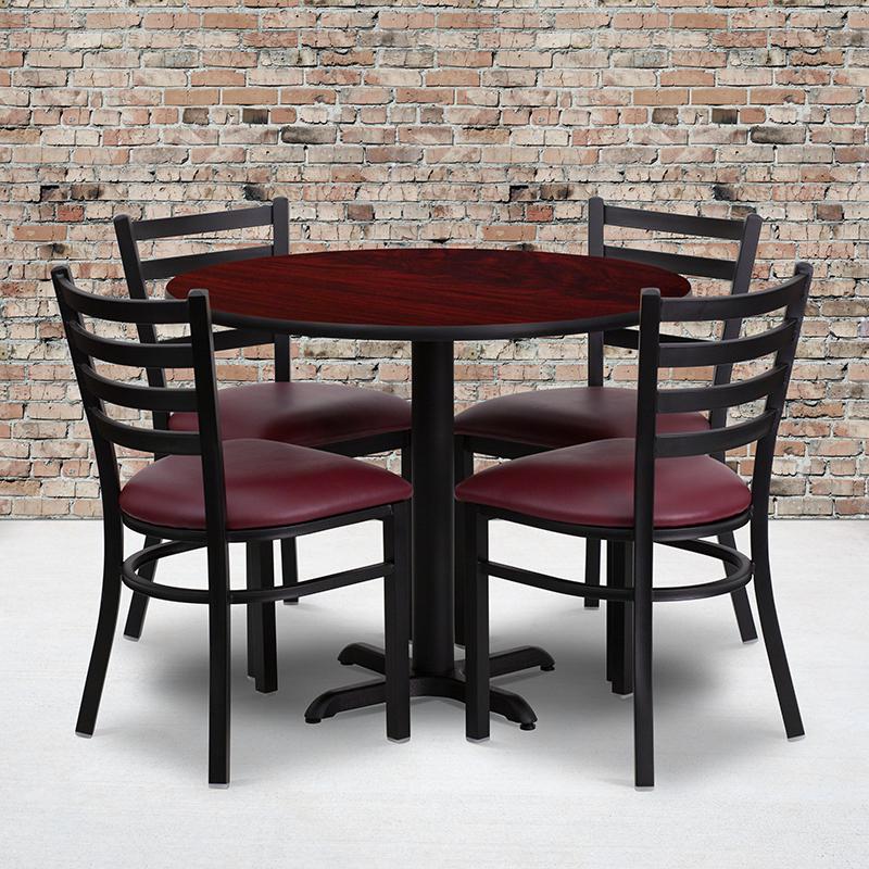 36'' Round Mahogany Laminate Table Set With X-Base And 4 Ladder Back Metal Chairs - Burgundy Vinyl Seat By Flash Furniture | Dining Sets | Modishstore