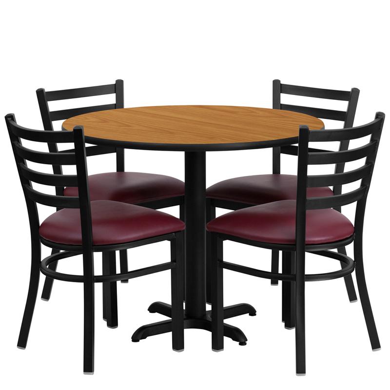 36'' Round Natural Laminate Table Set With X-Base And 4 Ladder Back Metal Chairs - Burgundy Vinyl Seat By Flash Furniture | Dining Sets | Modishstore - 2