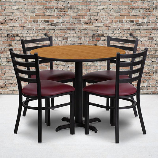 36'' Round Natural Laminate Table Set With X-Base And 4 Ladder Back Metal Chairs - Burgundy Vinyl Seat By Flash Furniture | Dining Sets | Modishstore