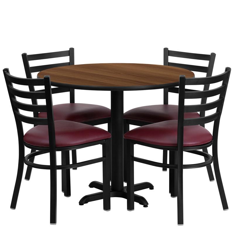 36'' Round Walnut Laminate Table Set With X-Base And 4 Ladder Back Metal Chairs - Burgundy Vinyl Seat By Flash Furniture | Dining Sets | Modishstore - 2