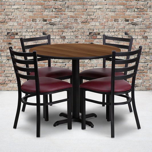 36'' Round Walnut Laminate Table Set With X-Base And 4 Ladder Back Metal Chairs - Burgundy Vinyl Seat By Flash Furniture | Dining Sets | Modishstore