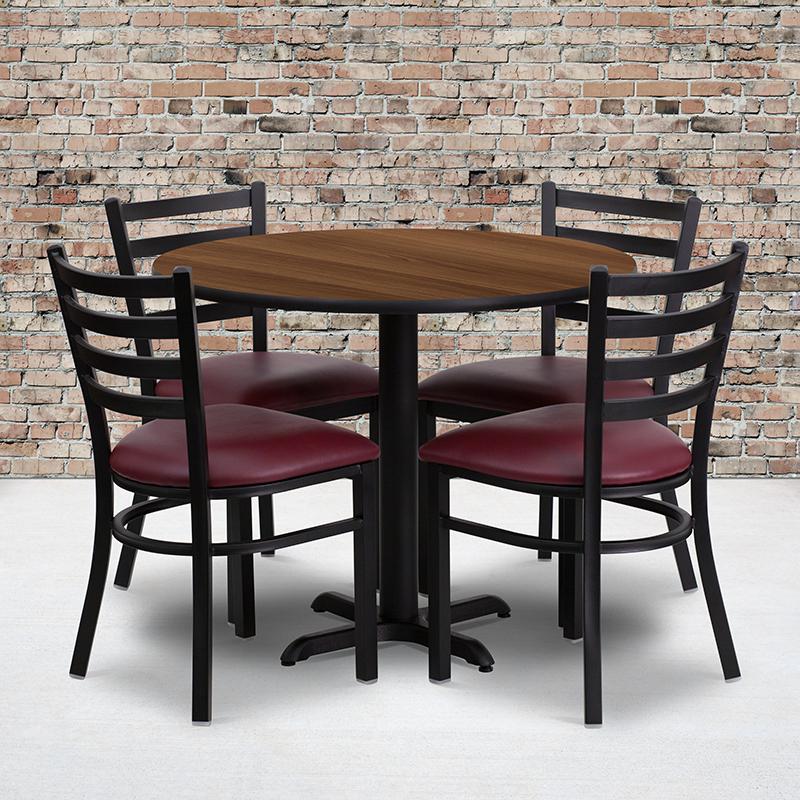 36'' Round Walnut Laminate Table Set With X-Base And 4 Ladder Back Metal Chairs - Burgundy Vinyl Seat By Flash Furniture | Dining Sets | Modishstore - 1