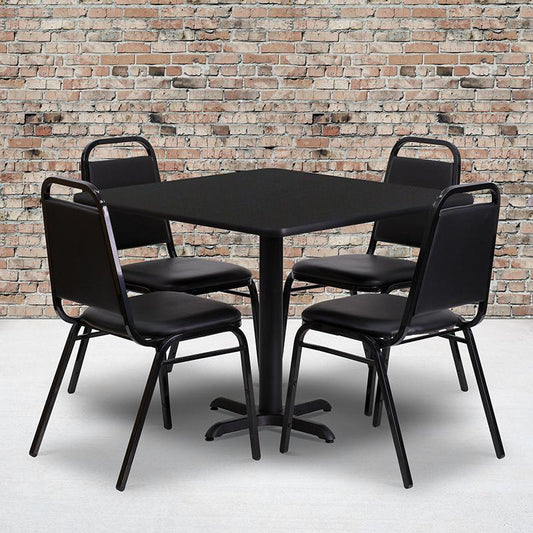 36'' Square Black Laminate Table Set With X-Base And 4 Black Trapezoidal Back Banquet Chairs By Flash Furniture | Dining Sets | Modishstore