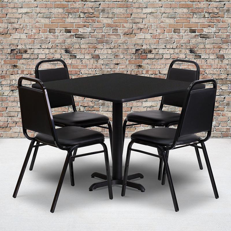 36'' Square Black Laminate Table Set With X-Base And 4 Black Trapezoidal Back Banquet Chairs By Flash Furniture | Dining Sets | Modishstore - 1