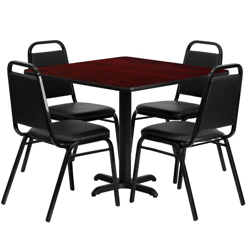 36'' Square Mahogany Laminate Table Set With X-Base And 4 Black Trapezoidal Back Banquet Chairs By Flash Furniture | Dining Sets | Modishstore - 2
