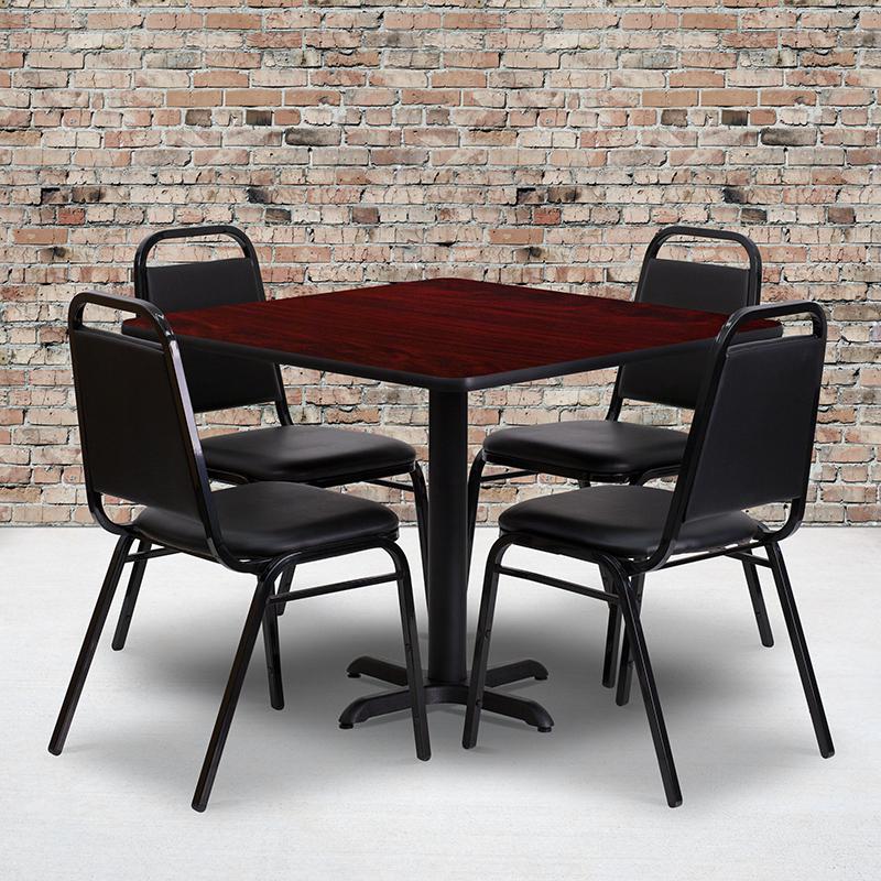 36'' Square Mahogany Laminate Table Set With X-Base And 4 Black Trapezoidal Back Banquet Chairs By Flash Furniture | Dining Sets | Modishstore