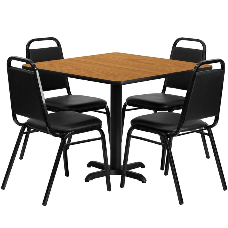 36'' Square Natural Laminate Table Set With X-Base And 4 Black Trapezoidal Back Banquet Chairs By Flash Furniture | Dining Sets | Modishstore - 2