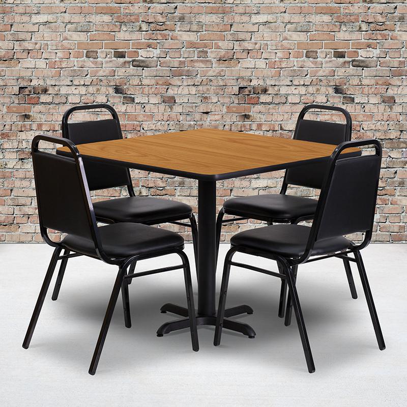 36'' Square Natural Laminate Table Set With X-Base And 4 Black Trapezoidal Back Banquet Chairs By Flash Furniture | Dining Sets | Modishstore