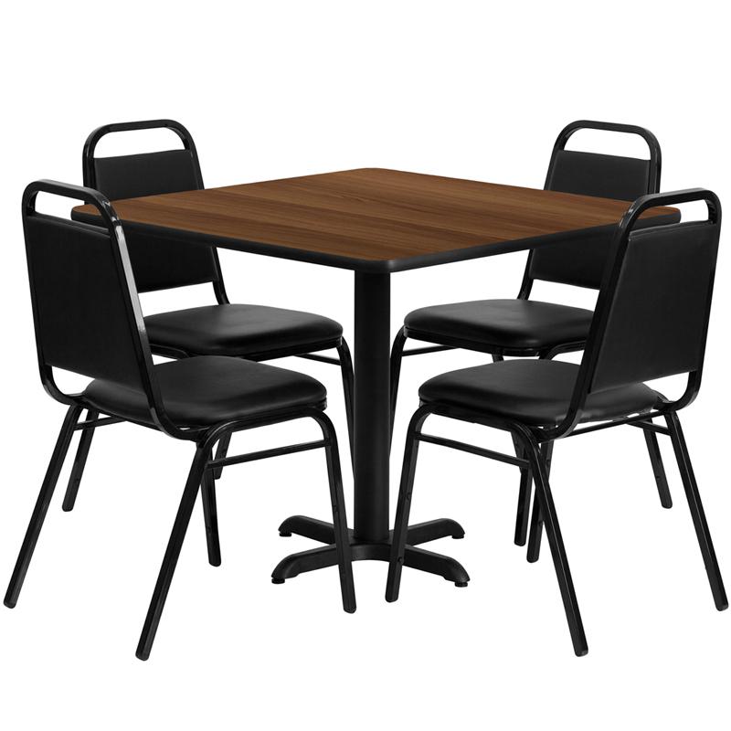 36'' Square Walnut Laminate Table Set With X-Base And 4 Black Trapezoidal Back Banquet Chairs By Flash Furniture | Dining Sets | Modishstore - 2